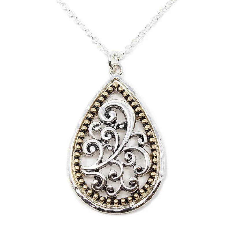 bold necklaces for women-Two Tone Filigree Teardrop Necklace