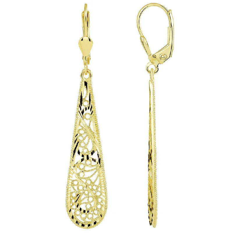 art deco earrings for women-14k Yellow Gold Textured Filigree Teardrop Dangle Drop Earrings with Lever back