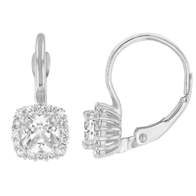 luxurious gemstone earrings for women-14K White Gold Pave Square CZ Solitaire Dangling Drop Earrings