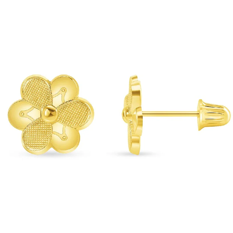 drop earrings for women-14k Yellow Gold Polished and Textured Daisy Flower Stud Earrings with Screw Back