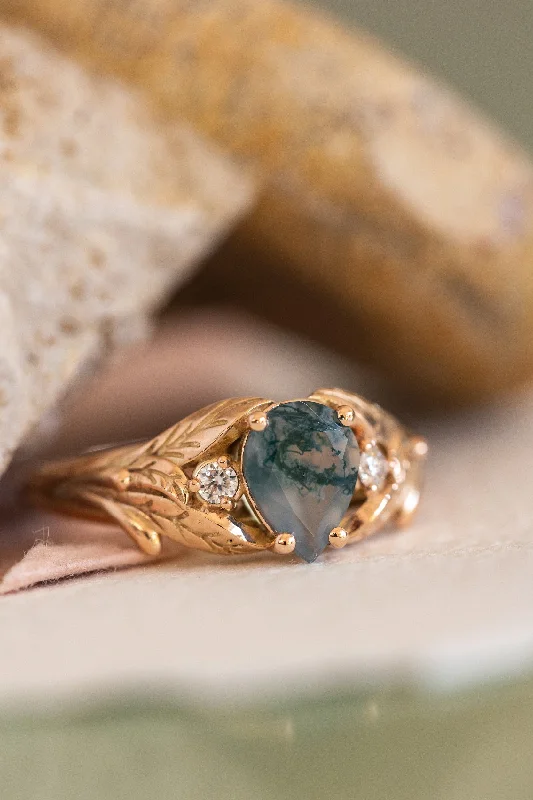 gold diamond engagement rings for women-Unique moss agate engagement ring, rose gold engagement ring with accent diamonds / Wisteria