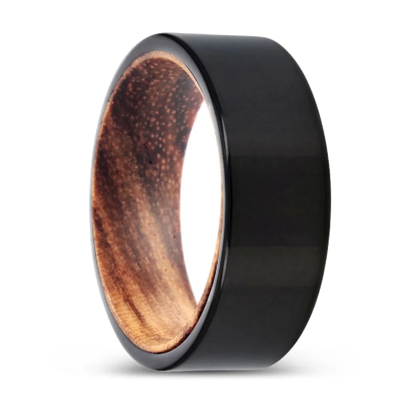 modern engagement rings for women-ZENON | Zebra Wood, Black Tungsten Ring, Shiny, Flat