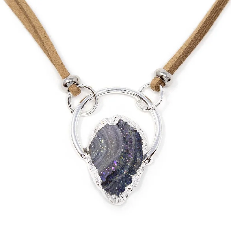 bold necklaces for women-Brown Suede Long Necklace with Druzy Stone Rhodium Plated