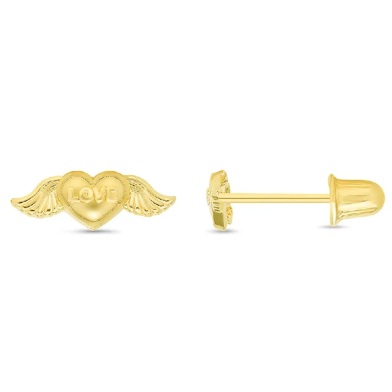 crystal drop earrings for women-14k Yellow Gold Mini Love Heart with Wings Stud Earrings