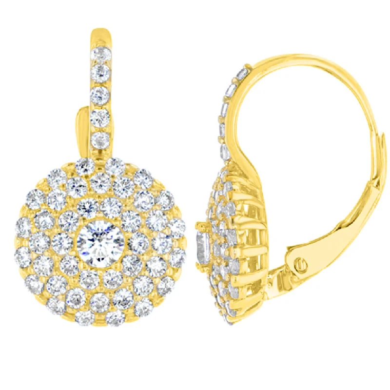 gold earrings for women-14K Yellow Gold Round Pave CZ Studded Dangling Drop Earrings