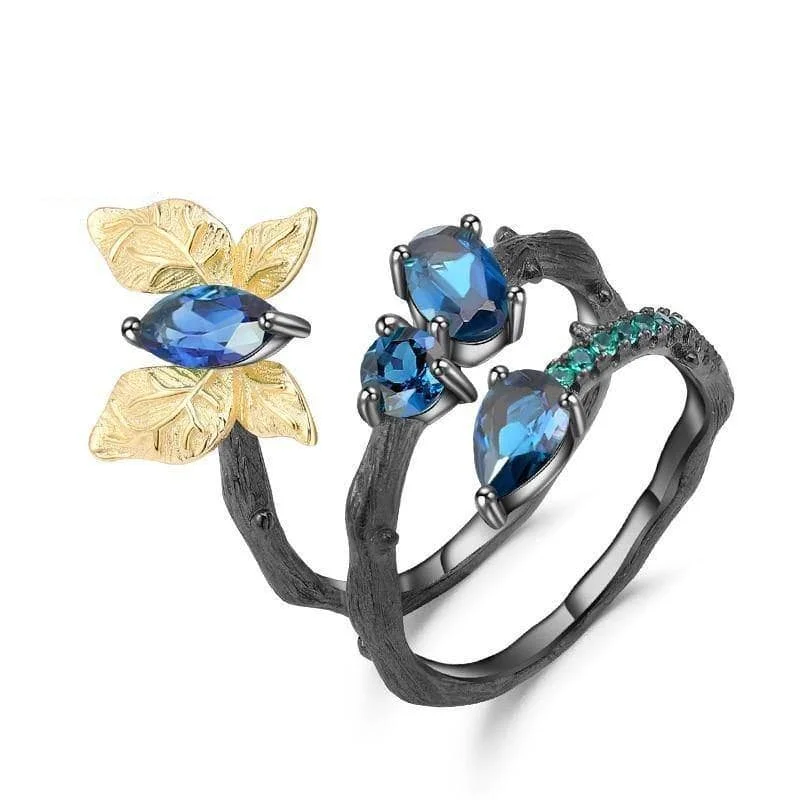 handmade engagement rings for women-1.87ct Natural London Blue Topaz Butterfly on Branch Ring