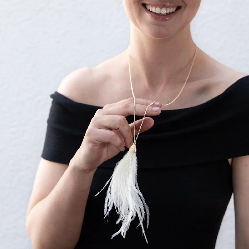 matching necklaces and earrings sets-Feather Tassel Pendant Long Necklace White