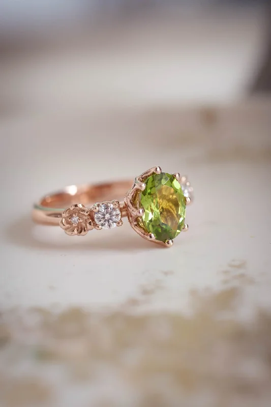 engagement rings for women-Peridot engagement ring, flower promise ring with diamonds / Fiorella