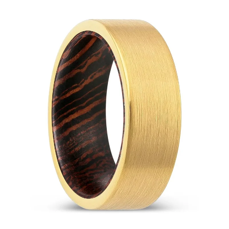 gold-plated rings for women-HAXVILLE | Wenge Wood, Gold Tungsten Ring, Brushed, Flat