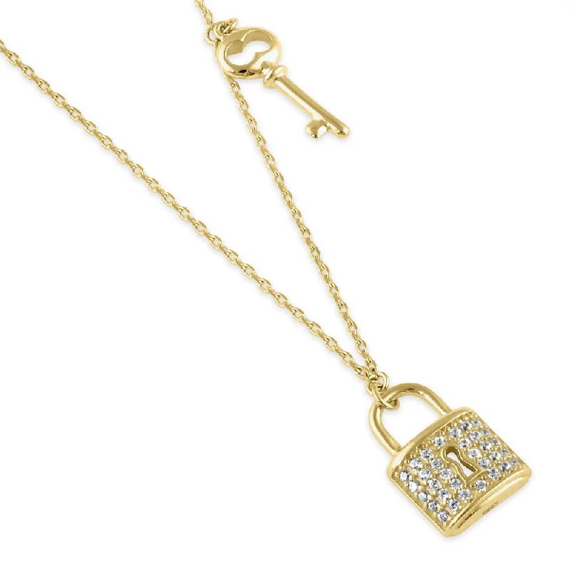 sophisticated necklaces for women-Solid 14K Gold Lock and Key CZ Necklace