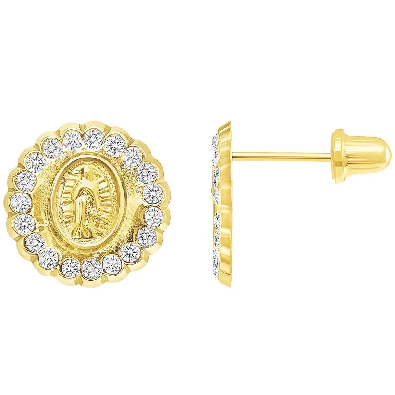 art deco earrings for women-14k Yellow Gold Cubic Zirconia Round Our Lady Of Guadalupe Stud Earrings with Screw Back