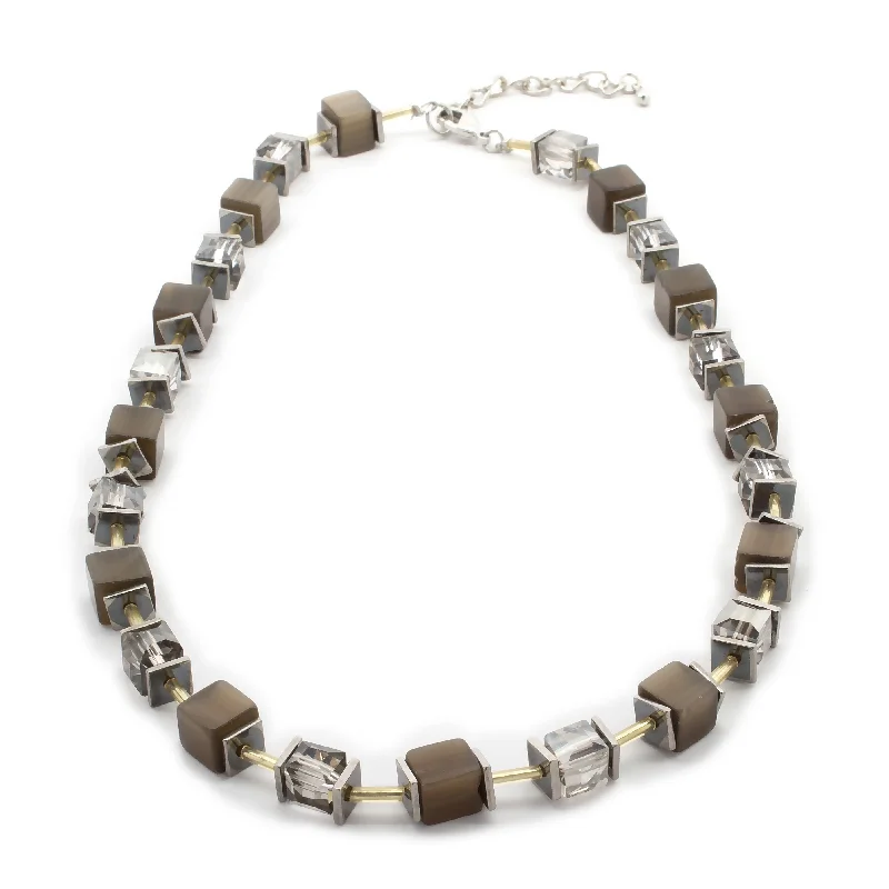 pendant necklaces with diamonds for women-Semi Precious Stone and Crystal Cube Necklace Light Grey