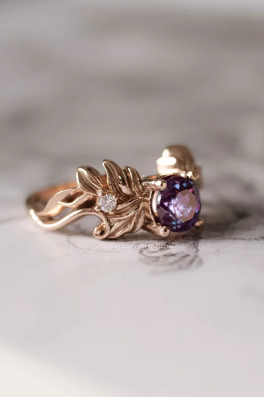 vintage-inspired engagement rings for women-Nature themed engagement ring with alexandrite, colour changing gemstone / Velatris