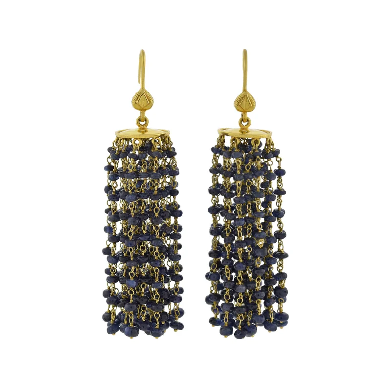 nature-inspired earrings for women-Estate 18kt Beaded Sapphire Tassel Earrings