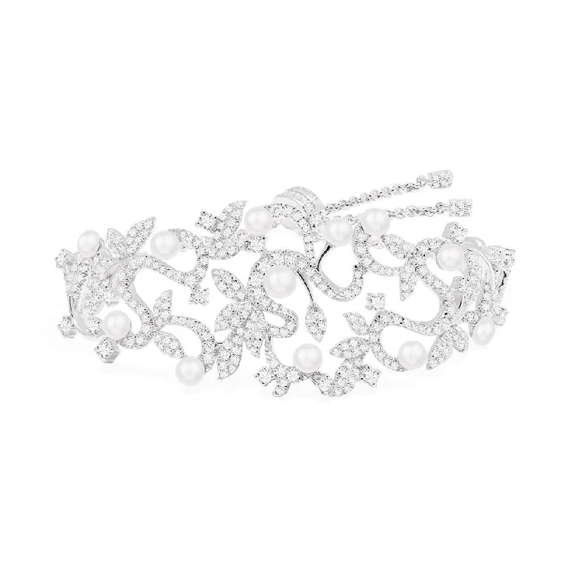 wedding bracelets for women-Statement Flower Adjustable Bracelet with Pearls