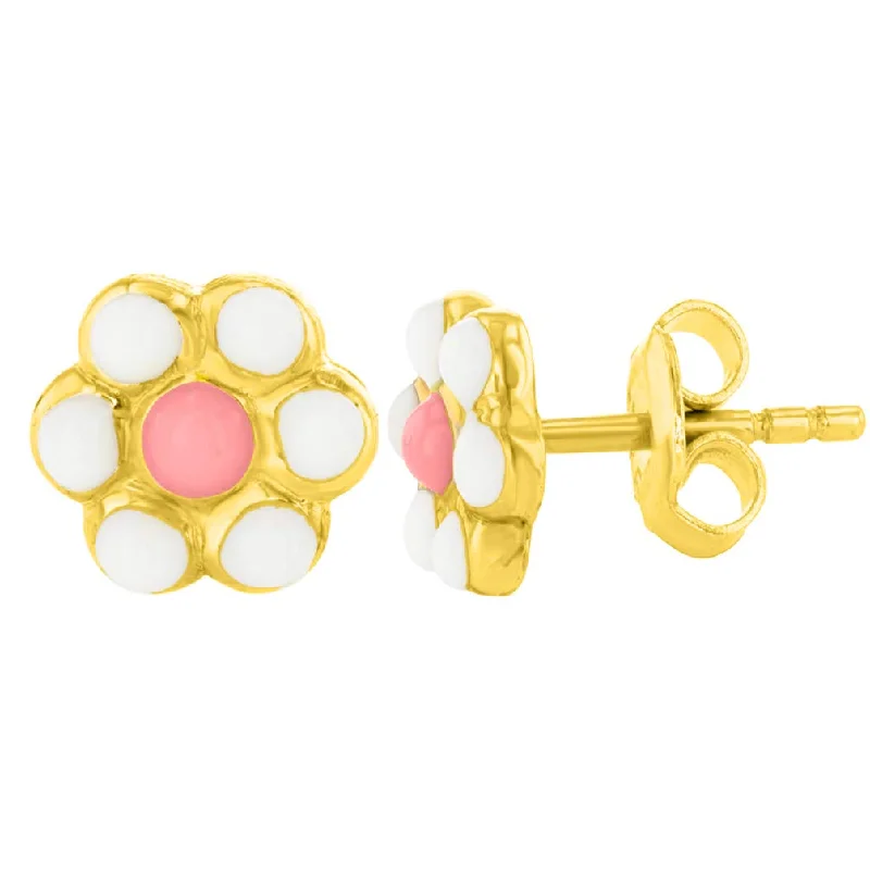 unique hoop earrings for women-14k Yellow Gold Daisy Flower Stud Earrings with Pink & White Enamel