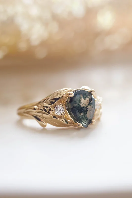 custom-made engagement rings for women-Green moss agate engagement ring, promise leaf ring with diamonds / Wisteria