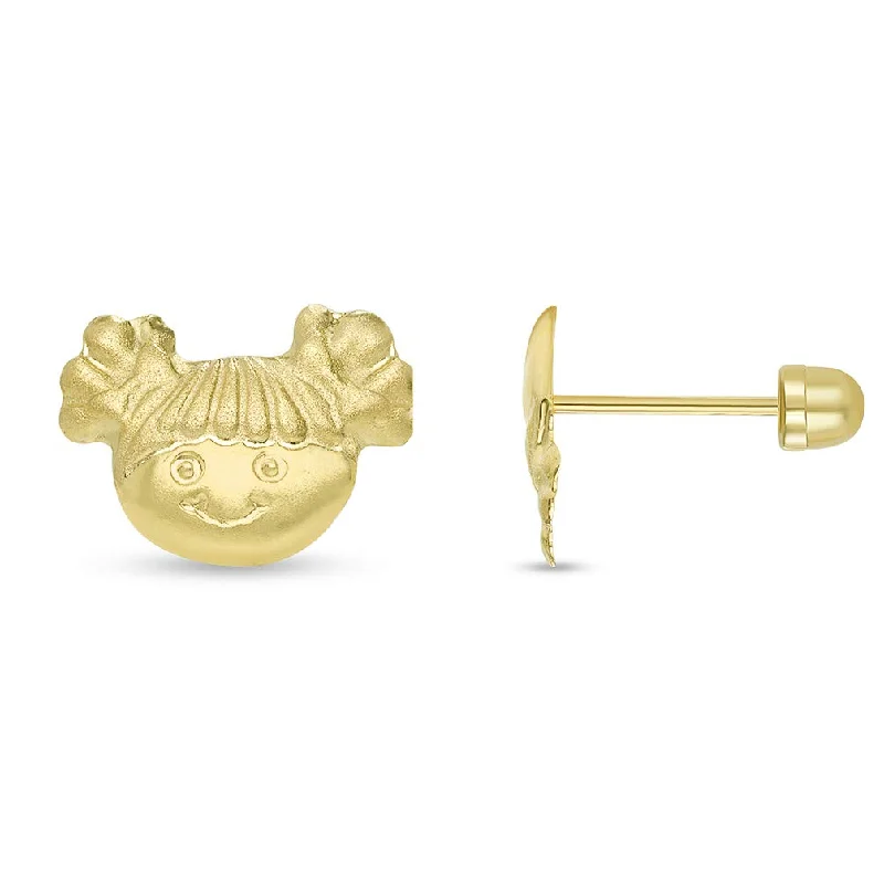 classic hoop earrings for women-14k Yellow Gold Little Girl Smiling Stud Love Earrings with Screw Back