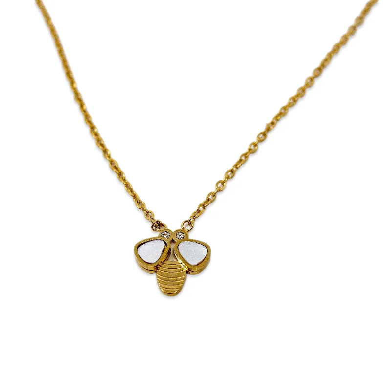 modern gold necklaces for women-Stainless St MOP Bee Pendant Necklace Gold Pl