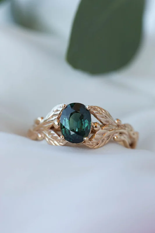 heirloom engagement rings for women-Genuine dark teal sapphire engagement ring, oval cut gemstone gold leaf proposal ring / Cornus