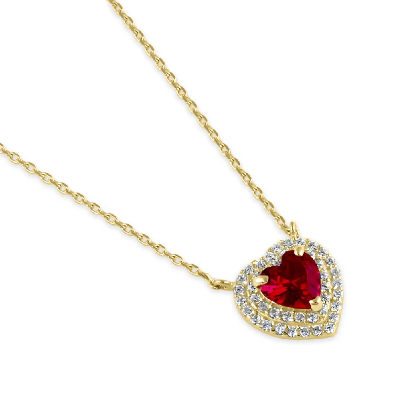 colorful necklaces for women-Solid 14K Gold Ruby Halo Heart CZ Necklace