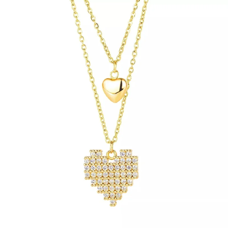 vintage-inspired necklaces for women-Stainless Steel 2 strand Heart Necklace with CZ Gold Plated