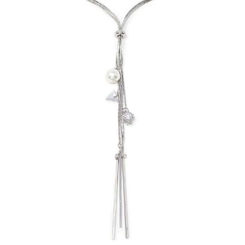 sterling silver chain necklaces for women-Lariat Necklace with Pearl and Ball Crystal Rhodium Plated