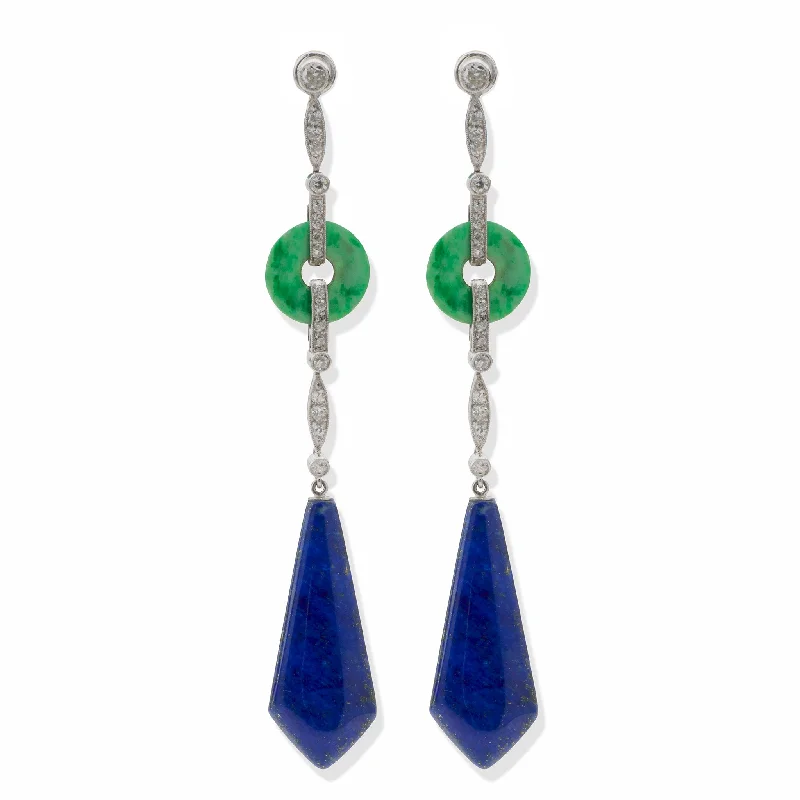 wedding stud earrings for women-French Art Deco Lapis, Jadeite and Diamond Pendant Earrings