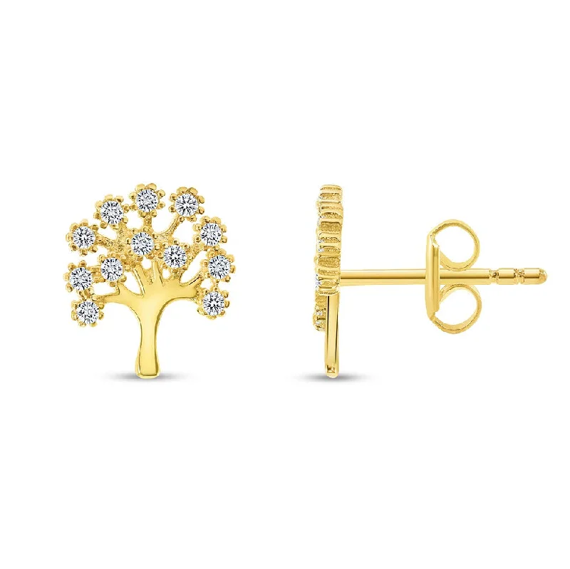 cute earrings for women-Solid 14k Yellow Gold Cubic-Zirconia Family Tree of Life Symbol Stud Earrings with Screw Back, 9.5mm