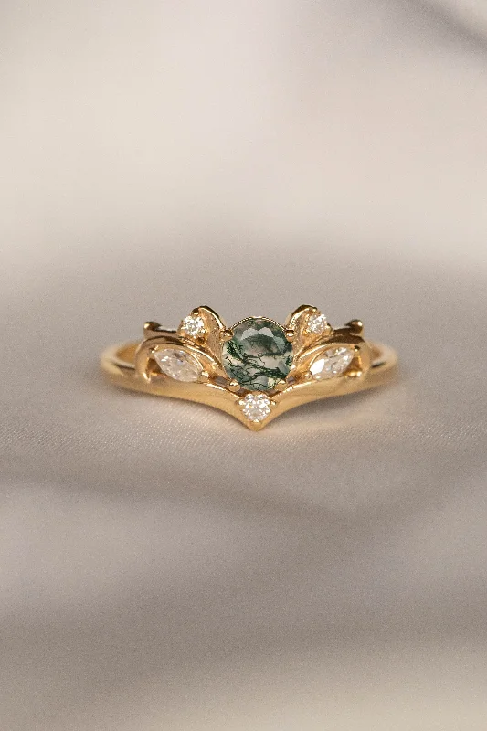 cushion-cut engagement rings for women-Moss agate and diamonds engagement ring, baroque inspired gold ring / Swanlake