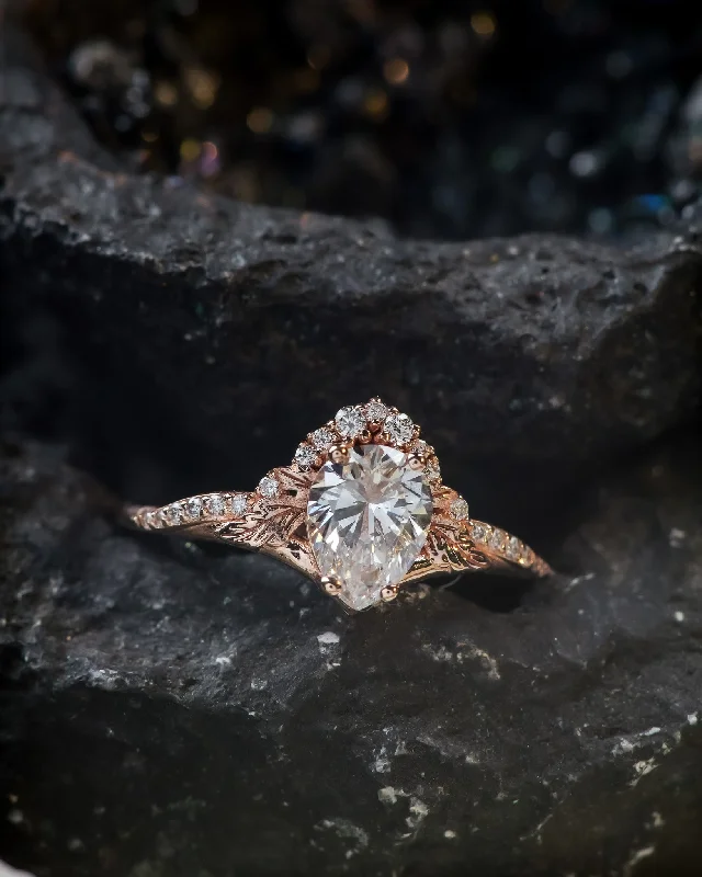 engagement rings with rubies for women-Pear lab grown diamond engagement ring, nature inspired gold promise ring with diamonds / Amelia