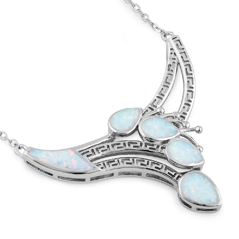 trendy chokers for women-Sterling Silver White Lab Opal Anthurium Bouquet Greek Necklace