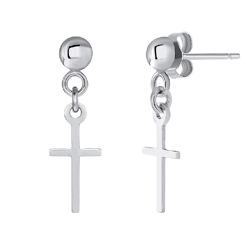 hoop earrings for everyday wear-14k White Gold Dangling Religious Plain Cross Drop Earrings with Friction Back (Small)