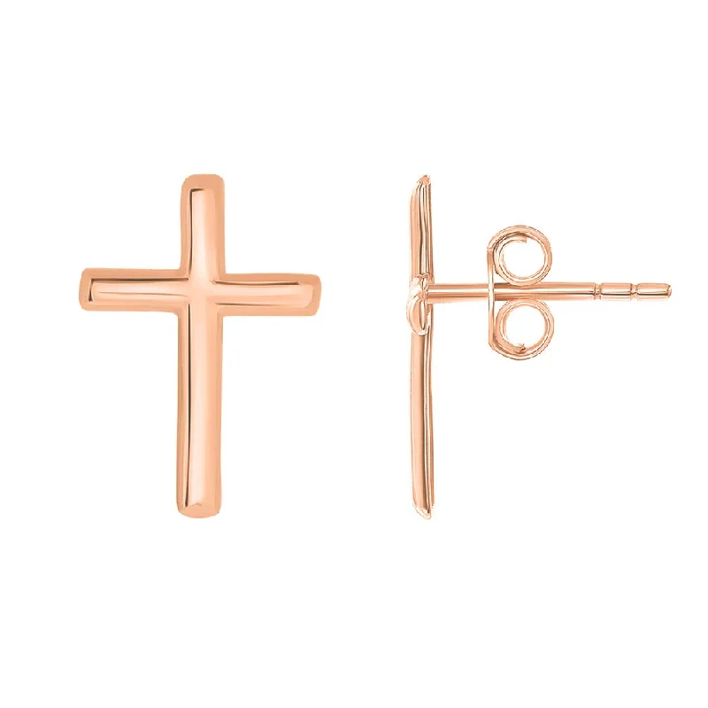 hoop earrings with diamonds for women-14k Rose Gold Classic Religious Plain Cross Stud Earrings with Friction Back