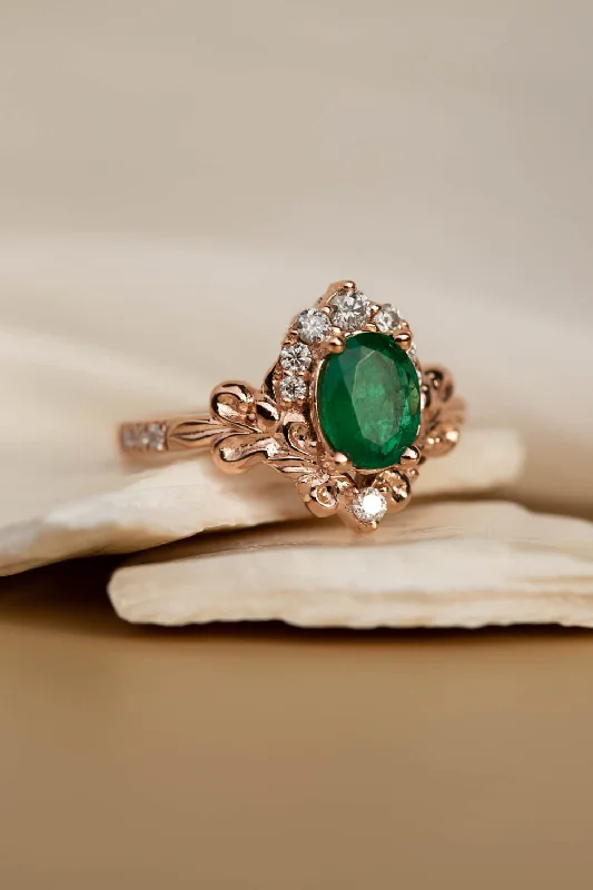 hand-crafted engagement rings for women-Rose gold engagement ring with emerald, crown shape gold ring with diamonds / Sophie