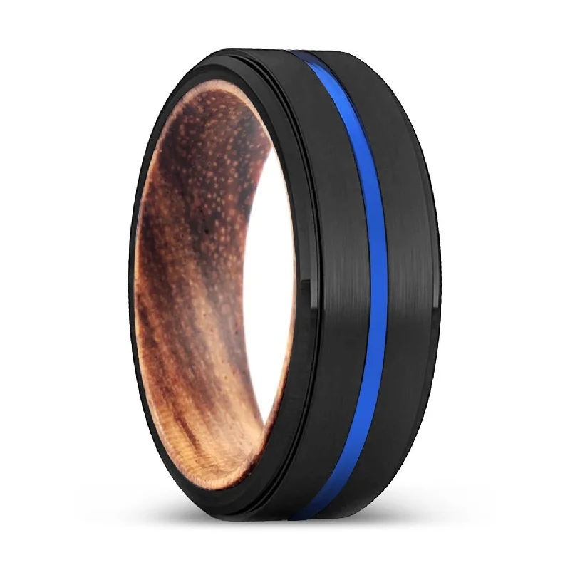 elegant diamond rings for women-VULCAN | Zebra Wood, Black Tungsten Ring, Blue Groove, Stepped Edge