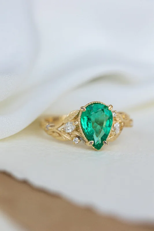 silver engagement rings for women-Big pear natural emerald engagement ring, gold nature inspired promise ring / Patricia