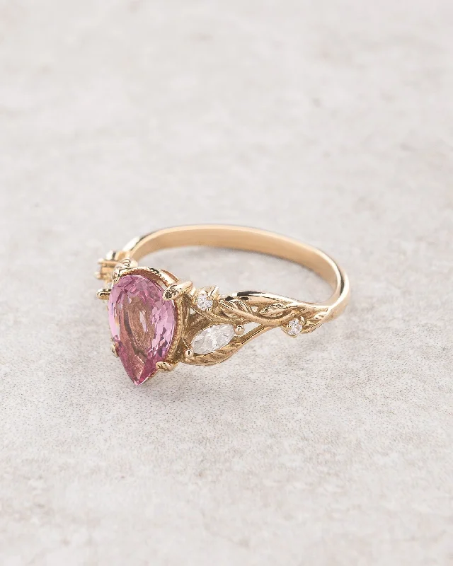 engagement rings with diamonds for women-Natural pink spinel engagement ring, gold nature inspired engagement ring with leaves and diamonds / Patricia