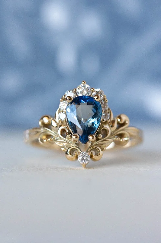 three-stone engagement rings for women-Natural blue sapphire engagement ring, baroque inspired gold ring with diamonds / Sophie