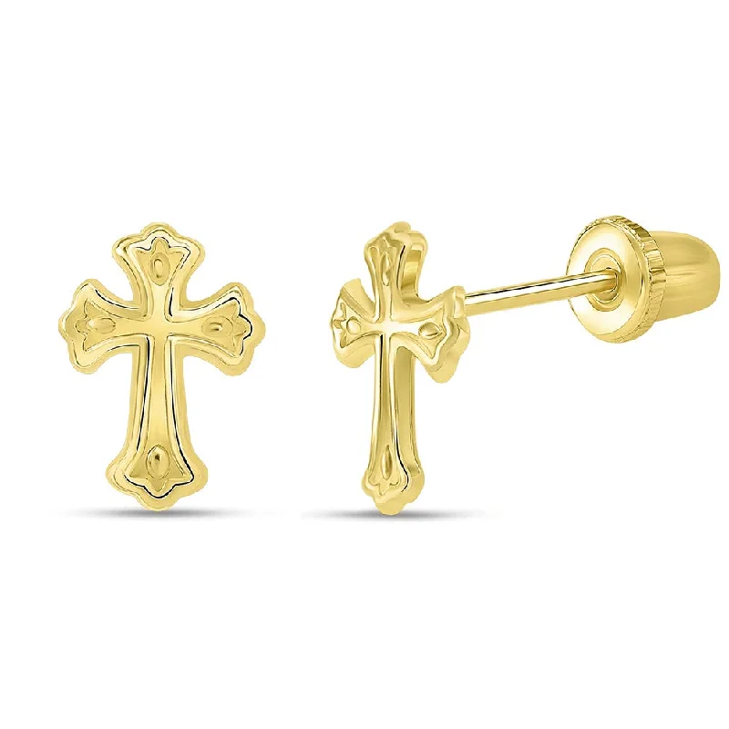 high-quality earrings for women-14k Yellow Gold Christian Cross Stud Earrings with Screw Back