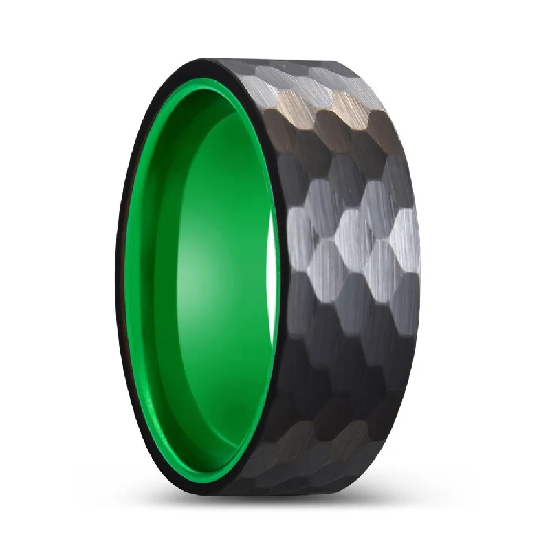 delicate rings for women-DRAGONFLY | Green Ring, Black Tungsten Ring, Hammered, Flat