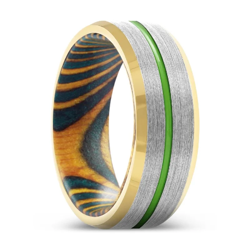 pearl rings for women-JAYBIRD | Green and Yellow Wood, Silver Tungsten Ring, Green Groove, Gold Beveled Edge