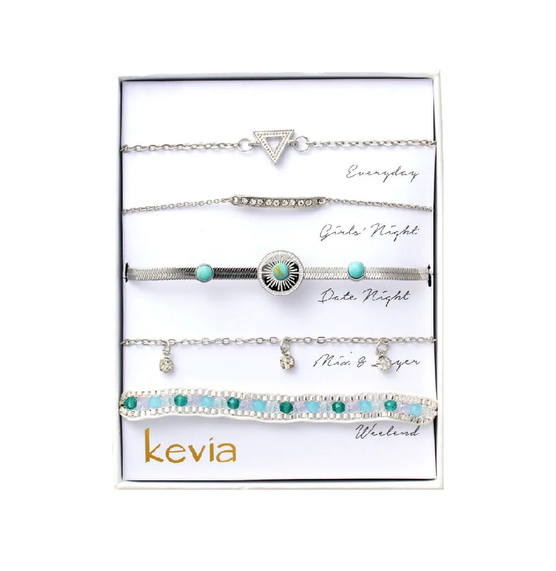 elegant bracelets for women-Silver & Turquoise Bracelet Set