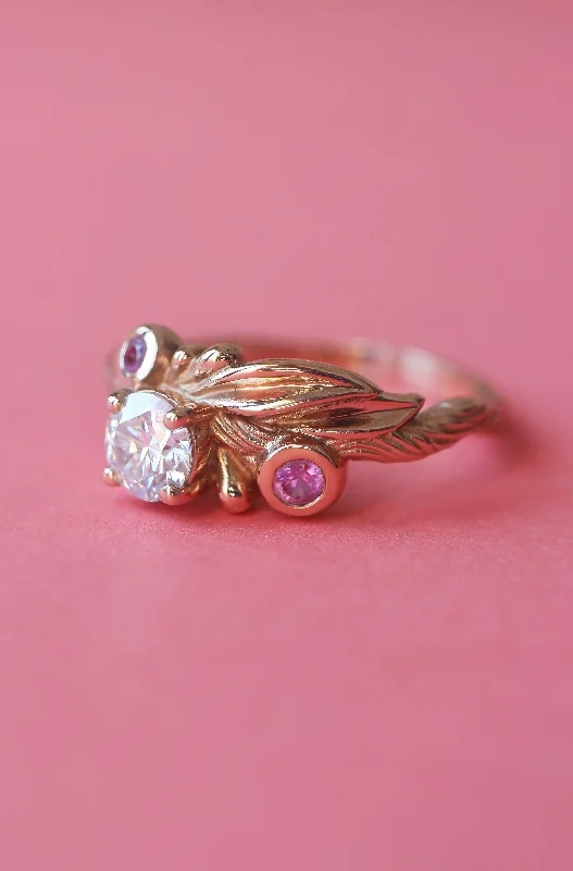 custom-cut engagement rings for women-Olive branch ring with lab grown diamond and pink sapphires / Olivia