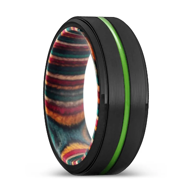 high-quality rings for women-PALMDALE | Multi Color Wood, Black Tungsten Ring, Green Groove, Stepped Edge