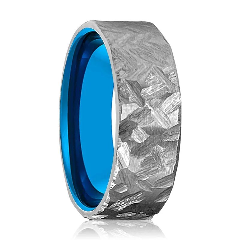 trendy promise rings for women-JAWS | Blue Tungsten Ring, Silver Titanium Ring, Hammered, Flat