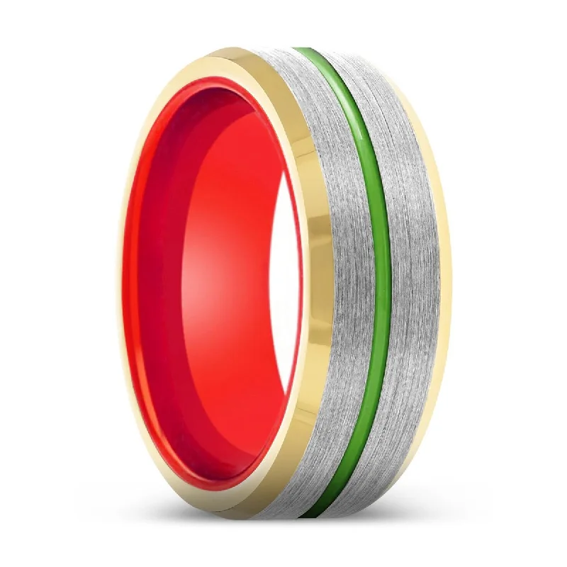 trendy promise rings for women-SUNLORD | Red Ring, Silver Tungsten Ring, Green Groove, Gold Beveled Edge