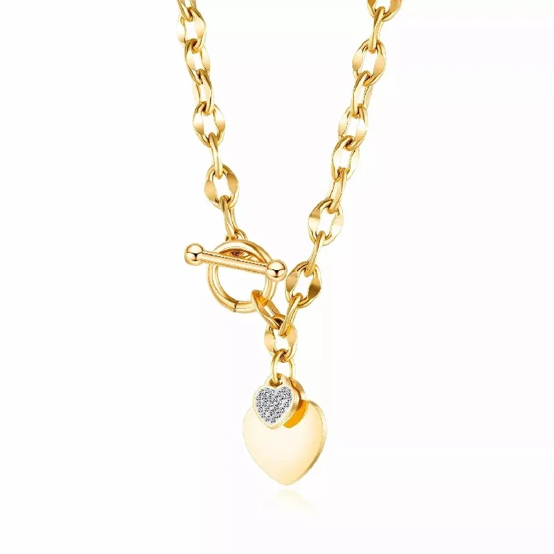 high-quality necklaces for women-Stainless Steel CZ Pave Heart Toggle Necklace Gold Plated