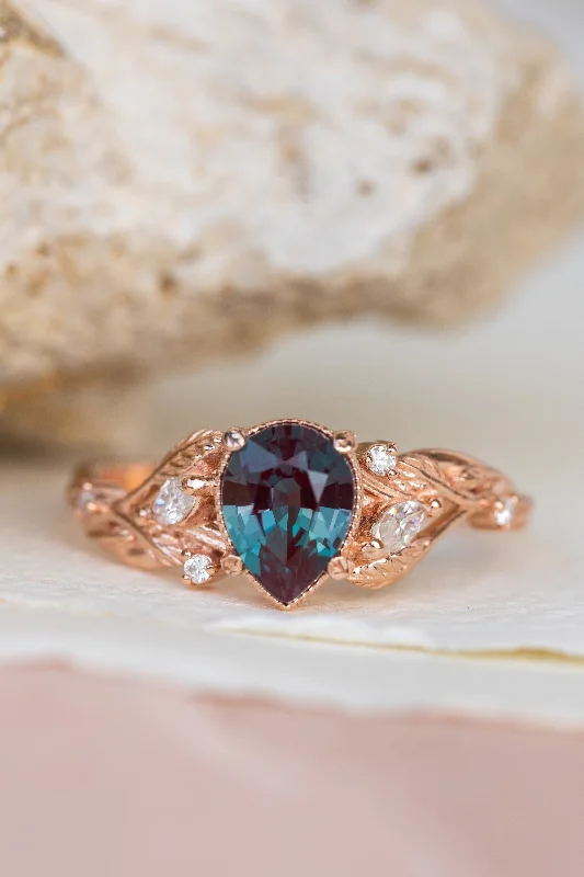 engagement rings with sapphires for women-Lab alexandrite rose gold engagement ring, nature inspired proposal ring / Patricia