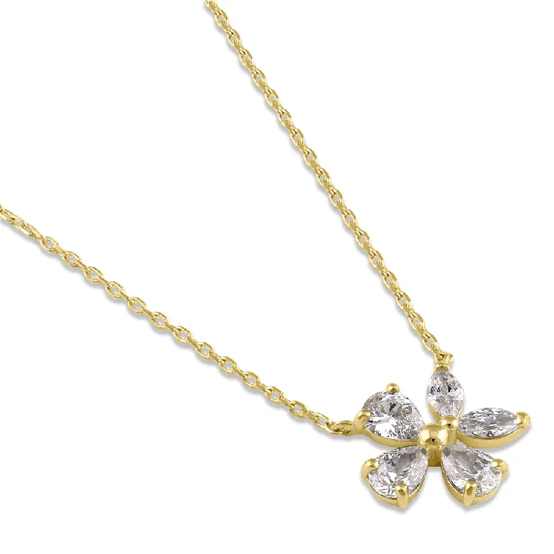 vintage gold necklaces for women-Solid 14K Gold Flower CZ Necklace